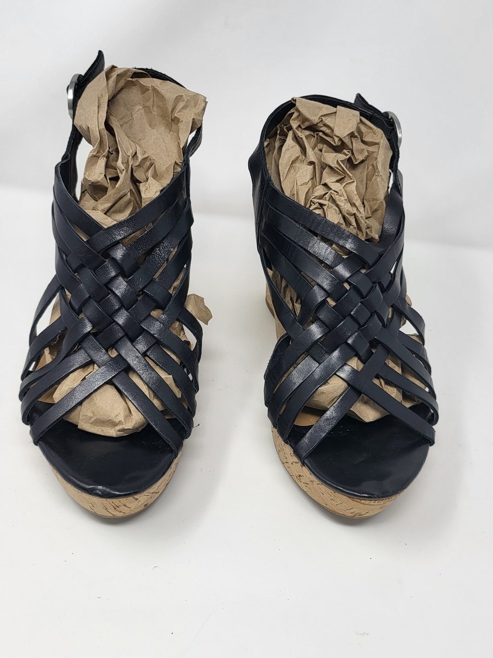 Franco Sarto Black Woven Cork Wedge Sandals